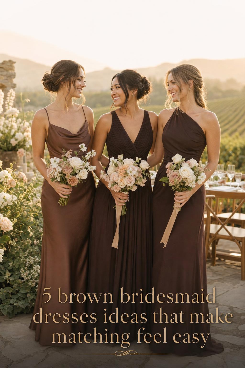 Brown bridesmaid dresses in mocha and espresso tones on three bridesmaids in a golden hour vineyard garden wedding photo