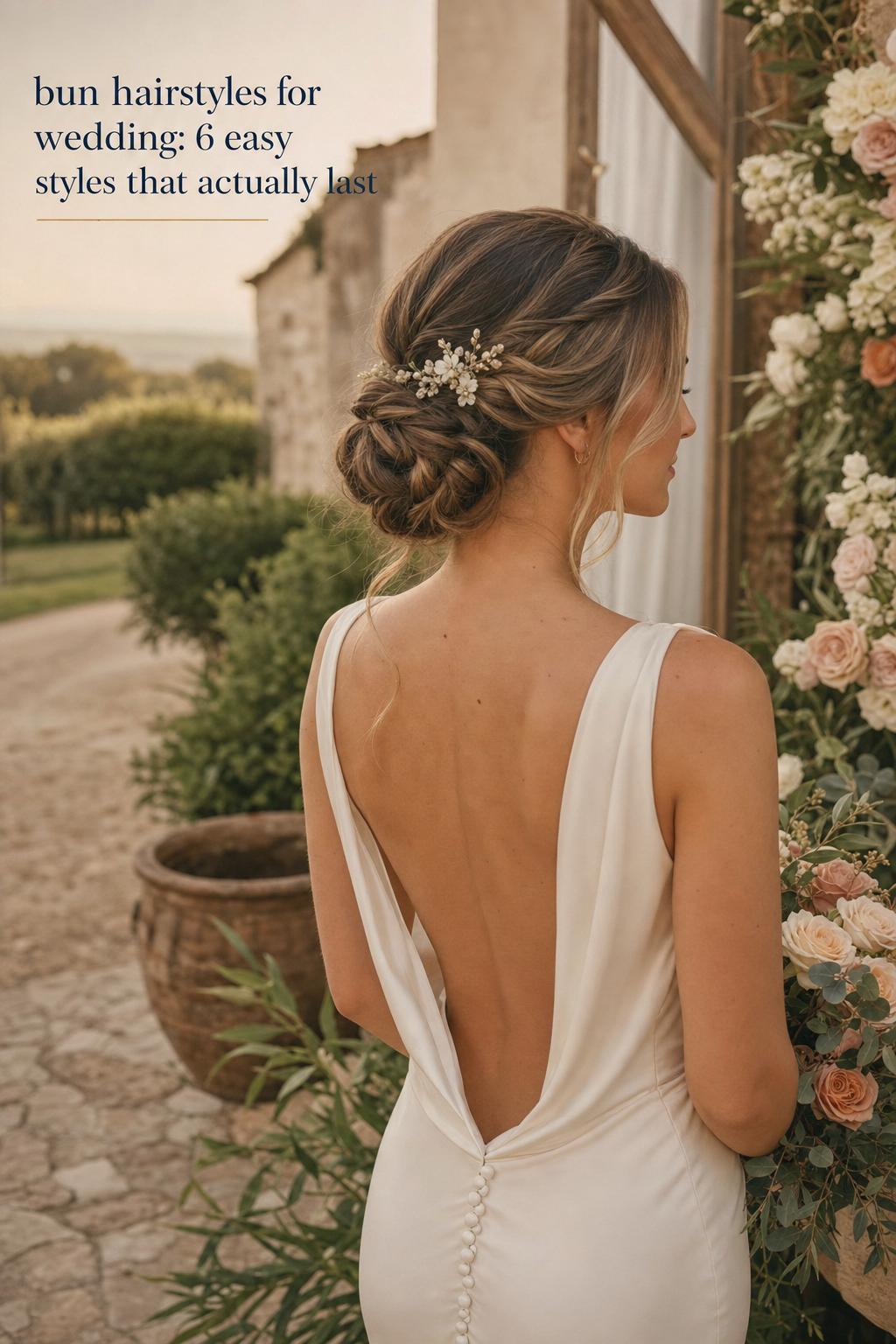 Bride with low bun at golden hour in countryside garden, bun hairstyles for wedding inspiration with crystal pin