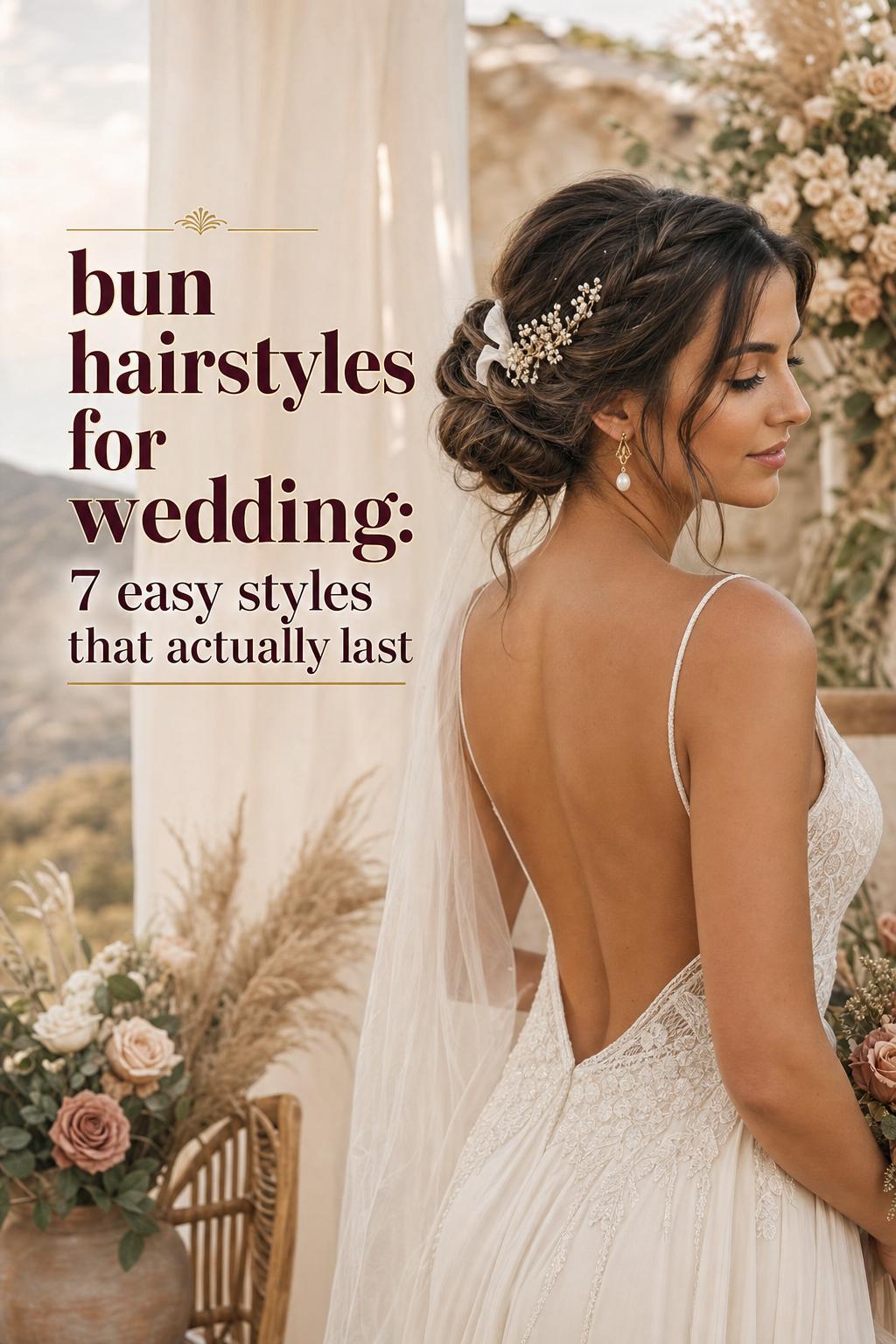 Bun hairstyles for wedding featuring a polished low chignon with crystal pin and ribbon in warm boho outdoor venue