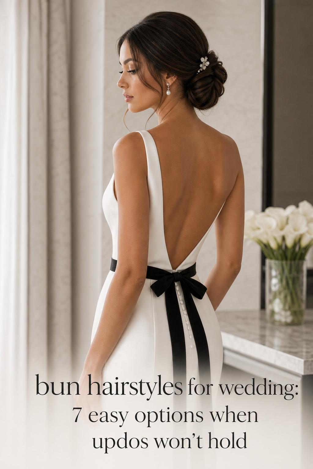 Bun hairstyles for wedding shown on a modern bride with a polished low chignon and pearl earrings in a luxury bridal suite