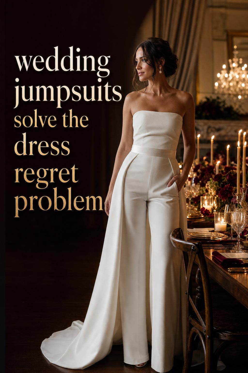 Bride in ivory crepe wedding jumpsuits at a candlelit luxury ballroom reception with elegant table setting and warm glow