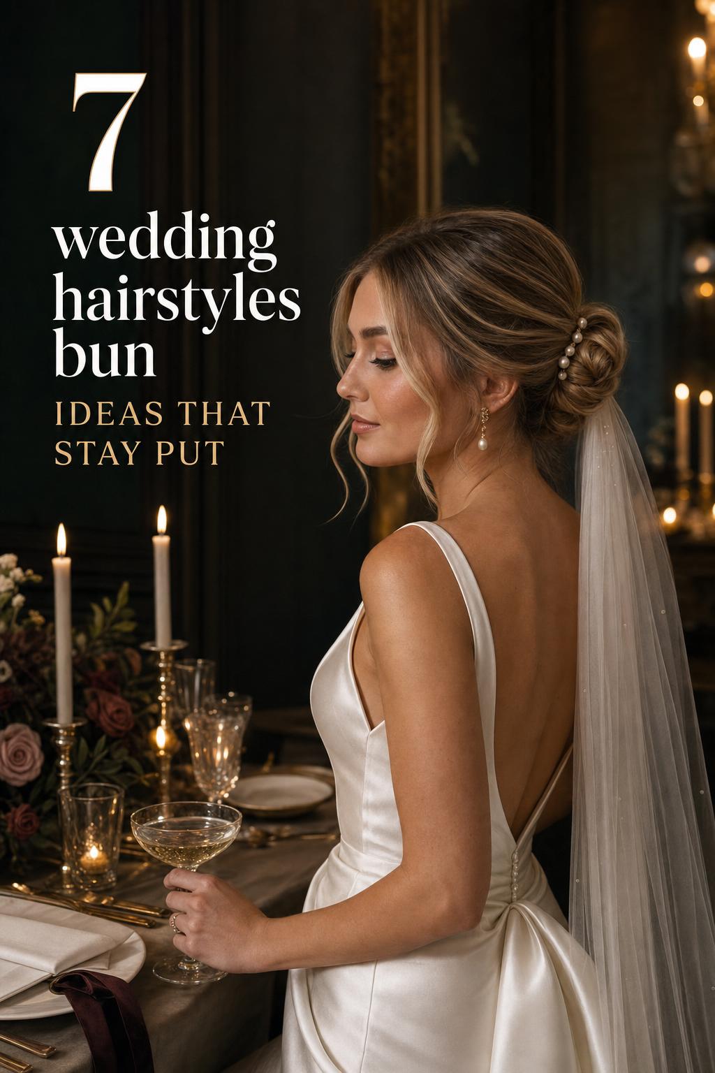 Bride in candlelit ballroom with low bun and pearl pins, elegant wedding hairstyles bun inspiration with veil