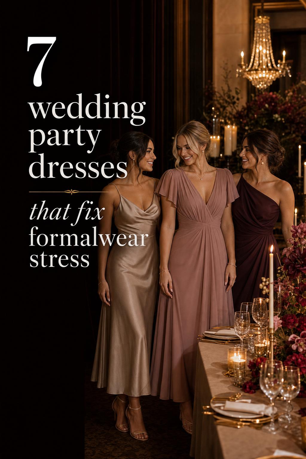 Moody candlelit reception photo of three women in wedding party dresses beside a table with roses and taper candles