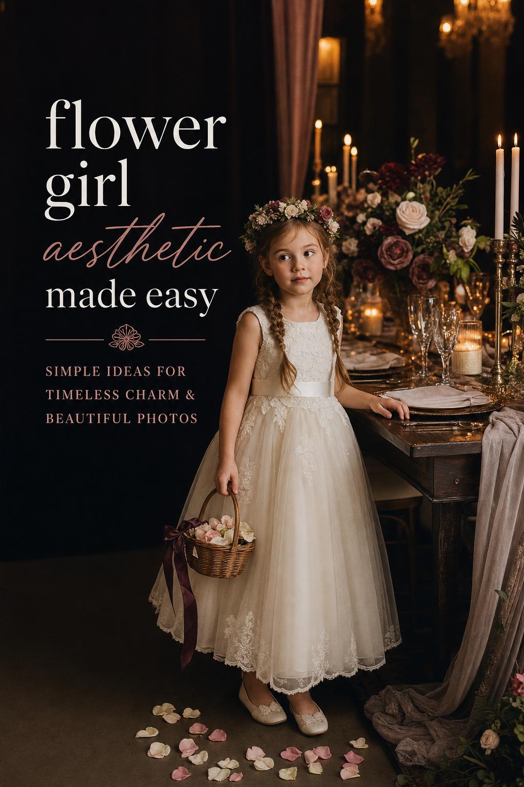 Flower girl aesthetic in candlelit reception, ivory lace tea-length dress with floral crown beside elegant wedding table