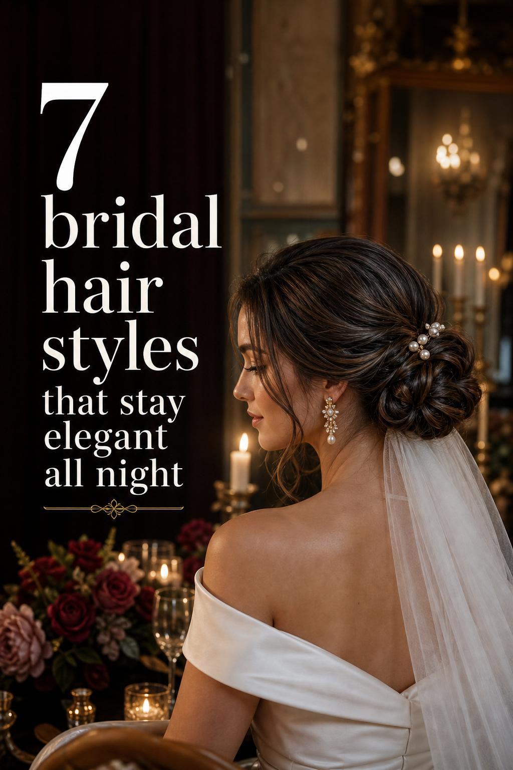 Bride in candlelit reception showcasing luxurious low chignon bridal hair styles with pearl pins, veil, and statement earrings