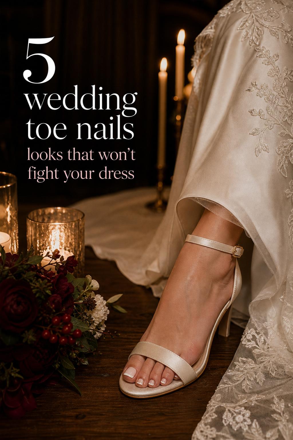 Candlelit bridal detail photo of wedding toe nails in nude polish with open-toe heel and satin gown hem at reception
