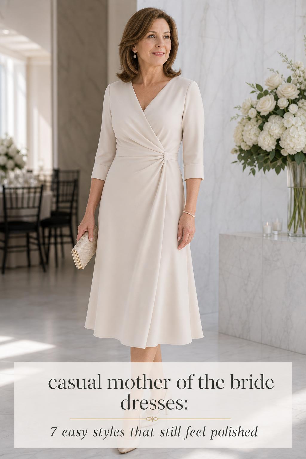 Casual mother of the bride dresses: elegant woman in ivory midi wrap dress in modern wedding venue with soft daylight