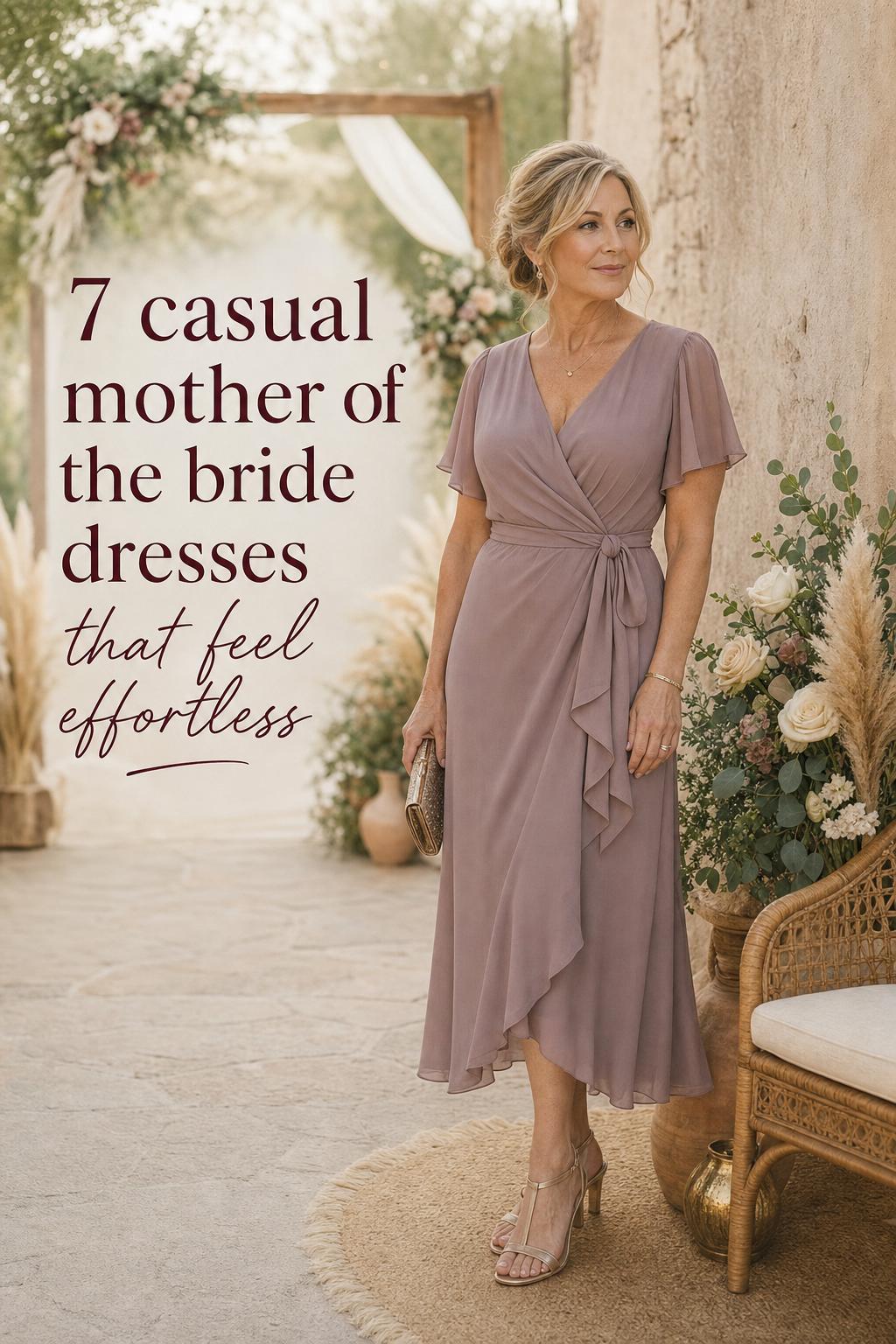 casual mother of the bride dresses in a sage chiffon wrap midi, outdoor boho-luxe wedding venue at golden hour