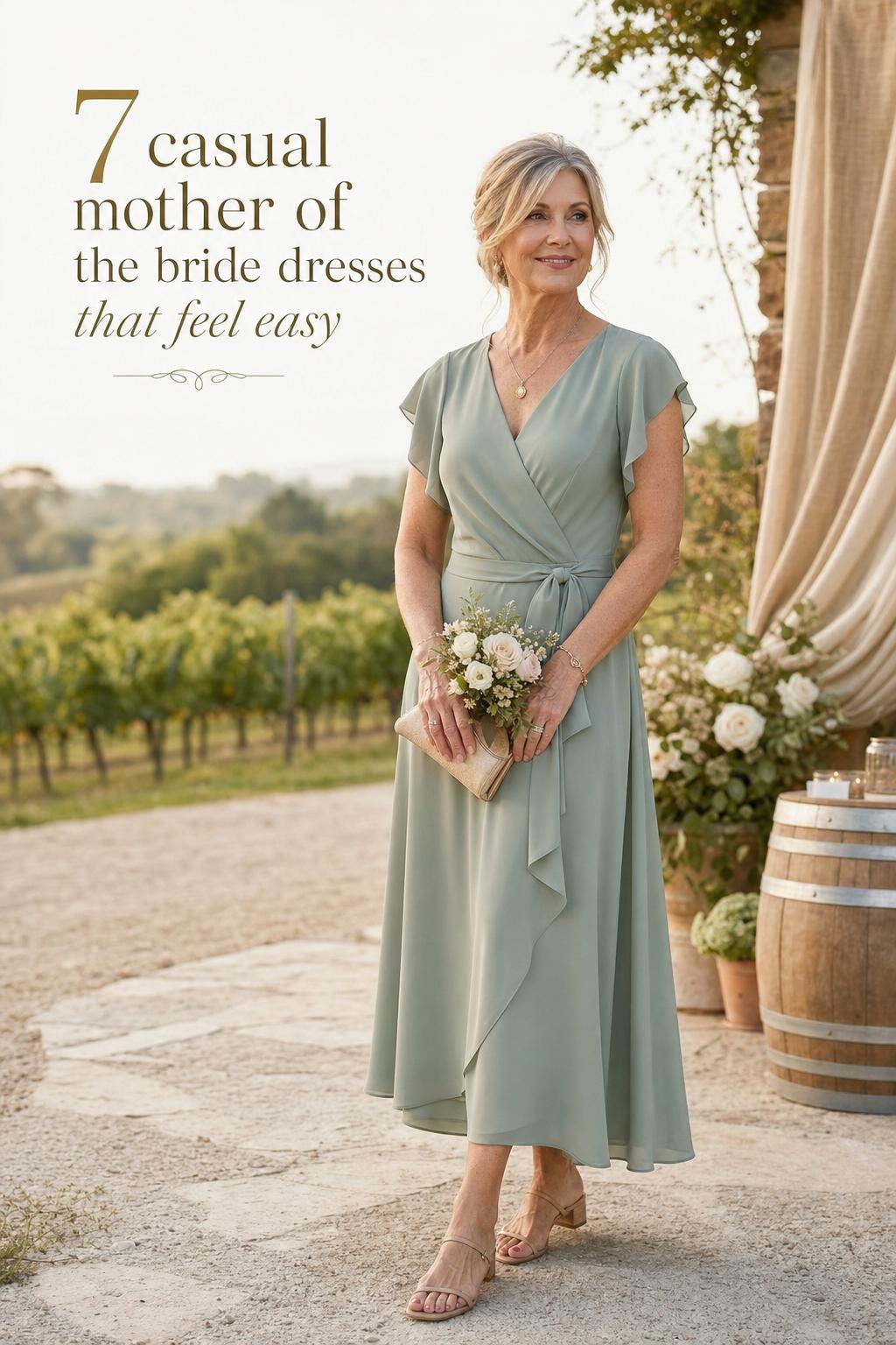 Woman in sage midi wrap dress at vineyard wedding, showcasing casual mother of the bride dresses in warm golden light