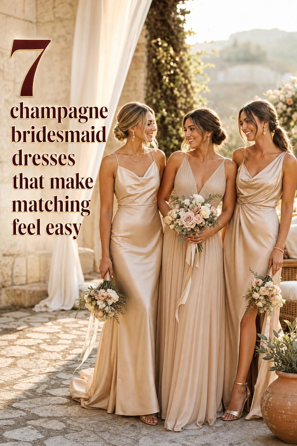 Champagne bridesmaid dresses on three bridesmaids at golden hour in a modern boho vineyard wedding setting