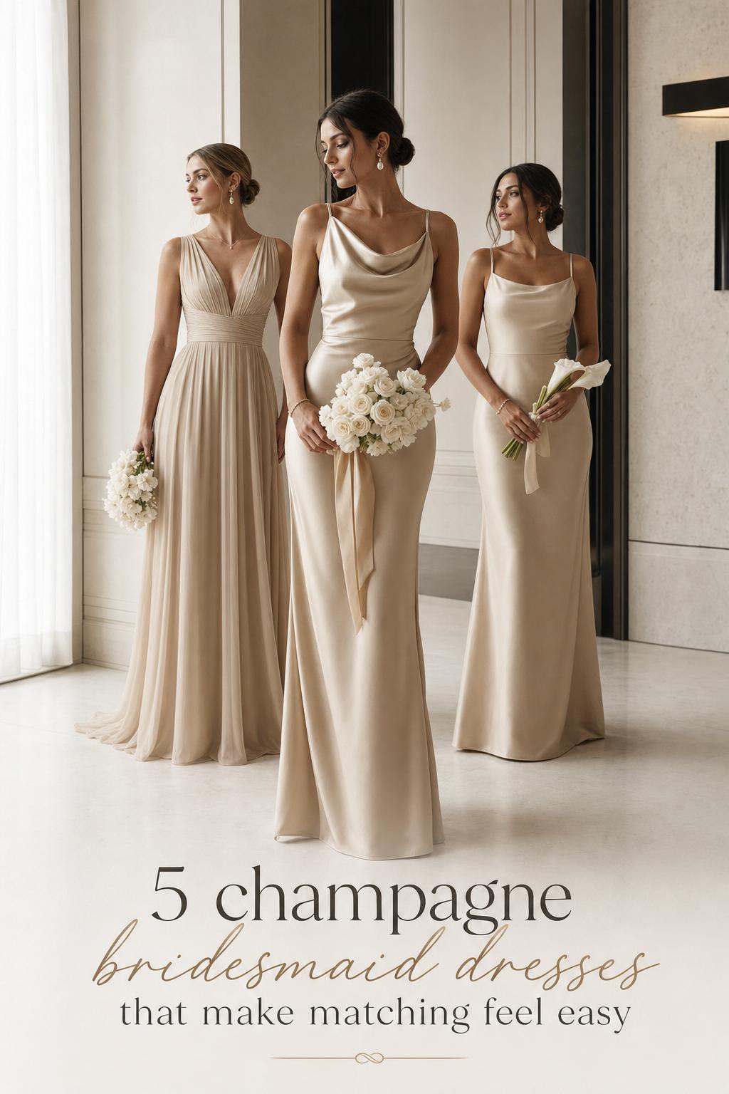 Champagne bridesmaid dresses in a modern luxury venue, three women in coordinated satin and chiffon gowns with clean editorial styling.