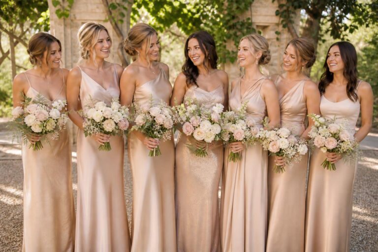 Champagne bridesmaid dresses in satin and chiffon under warm wedding venue lighting, styled for a cohesive bridal party
