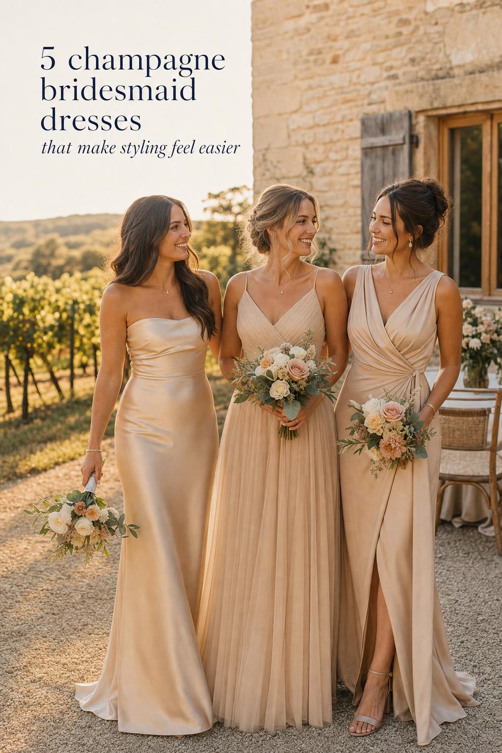 Champagne bridesmaid dresses in three styles photographed at a golden-hour vineyard estate, rustic elegant wedding party