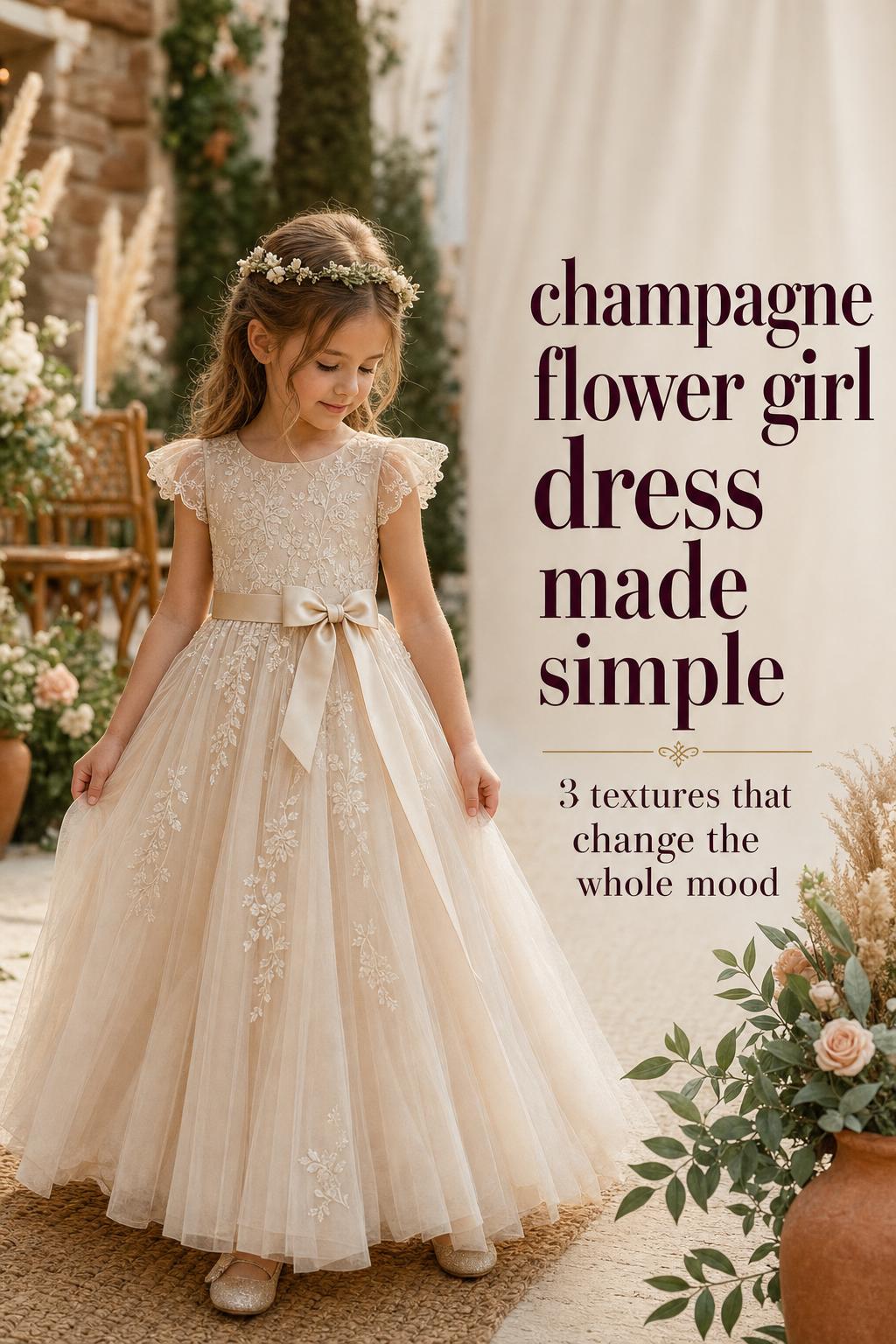 Champagne flower girl dress in a boho garden wedding aisle at golden hour with elegant tulle and lace details