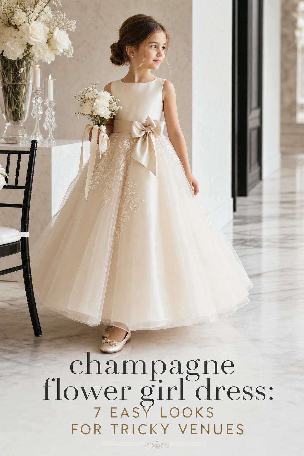 Champagne flower girl dress in luxury wedding venue, tulle skirt and satin bodice in soft champagne neutrals