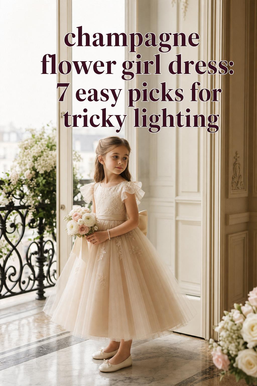 Champagne flower girl dress on a young girl in a Paris boutique hotel hallway with soft tulle skirt and satin bodice