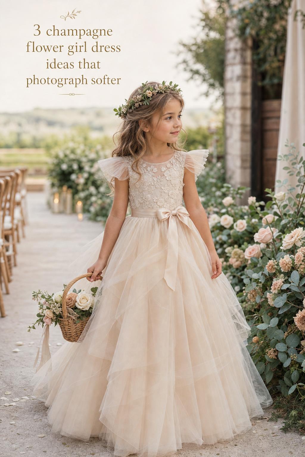 Champagne flower girl dress with layered tulle and lace, worn by a child in a warm countryside garden wedding aisle
