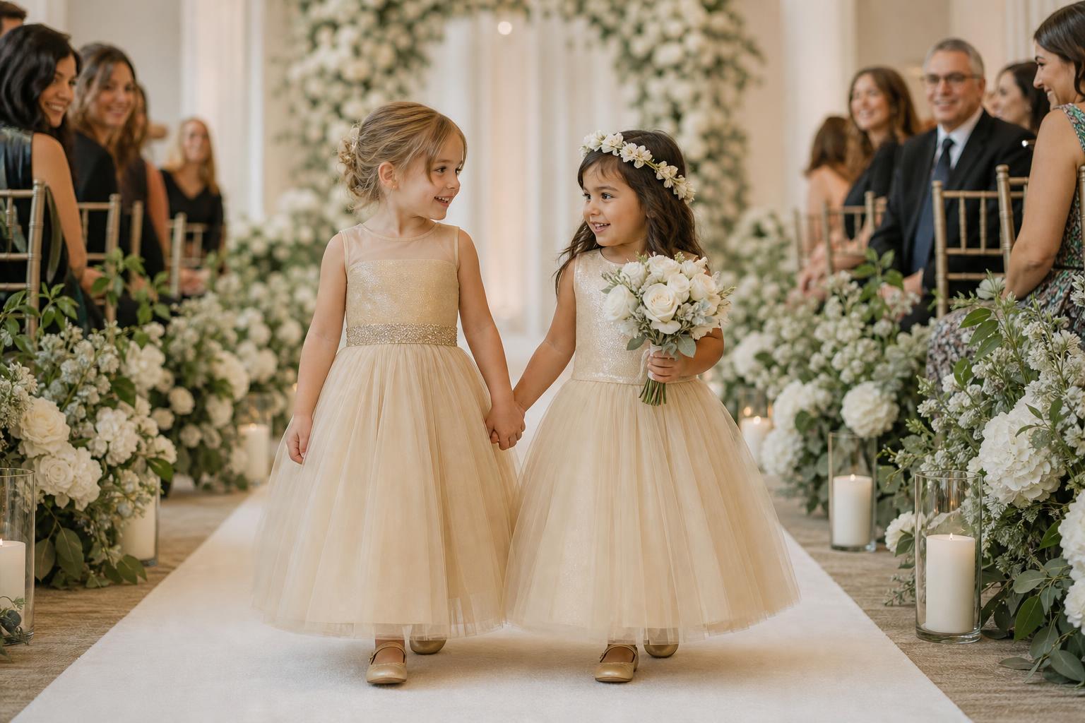 Champagne flower girl dress in soft tulle with lace bodice and bow sash, photographed in warm wedding light