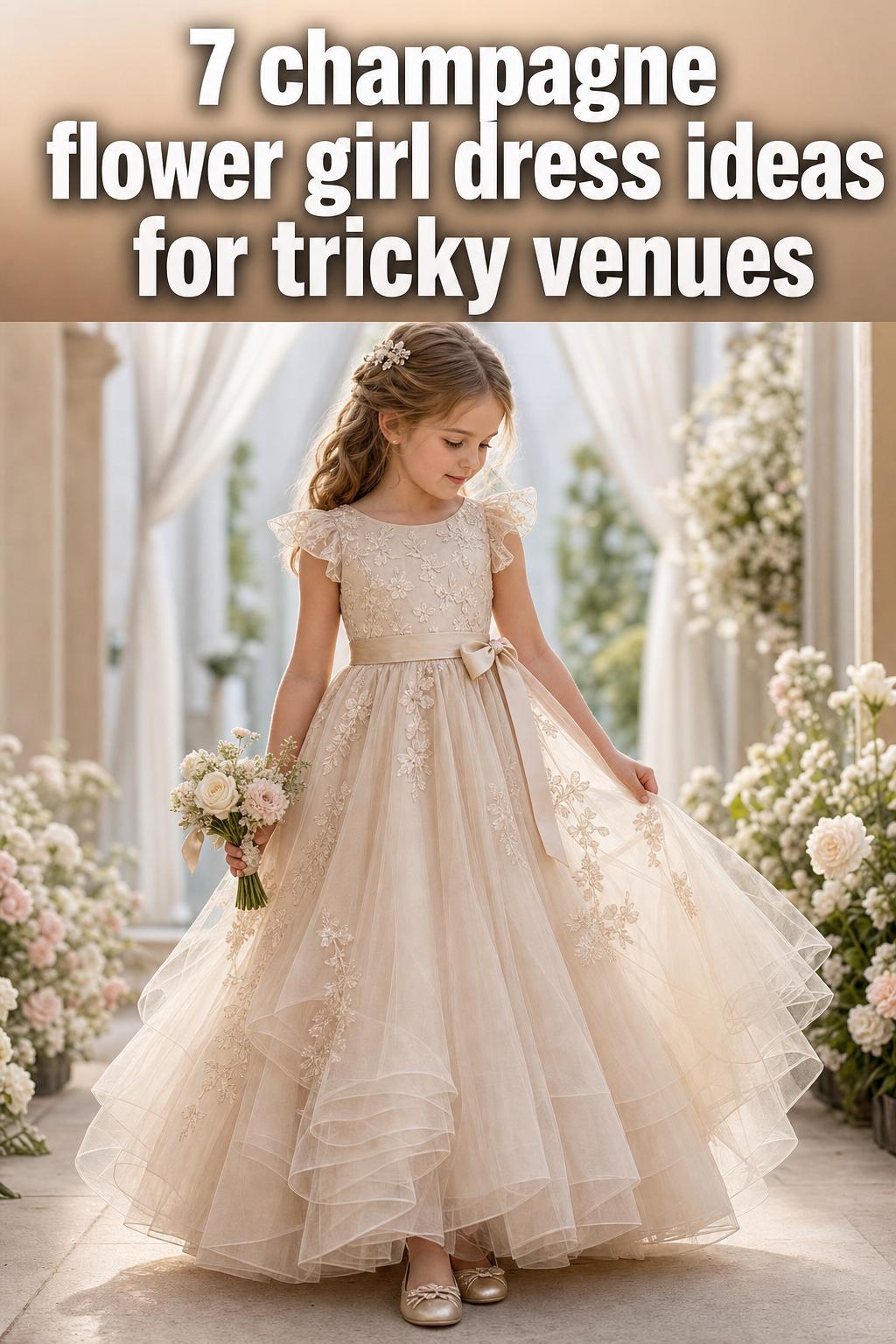 Champagne flower girl dress in a soft tulle skirt with satin bodice, perfect for weddings and formal ceremonies.