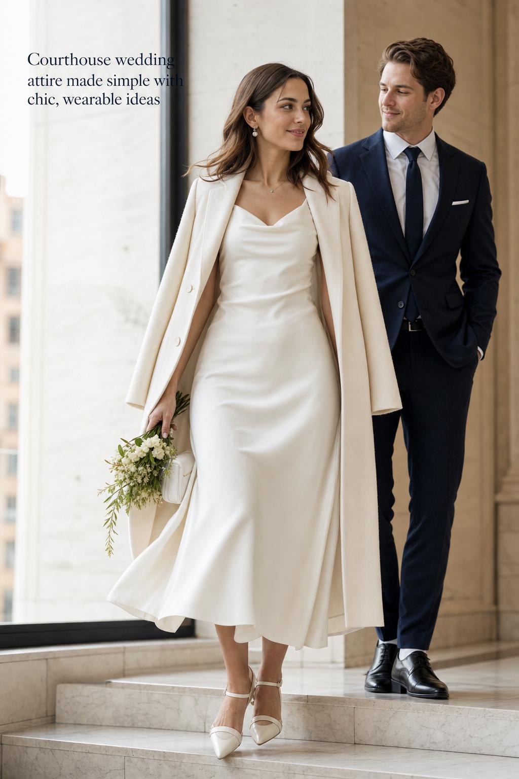 Courthouse wedding attire bride in ivory midi dress and coat, standing on marble steps in a bright modern courthouse