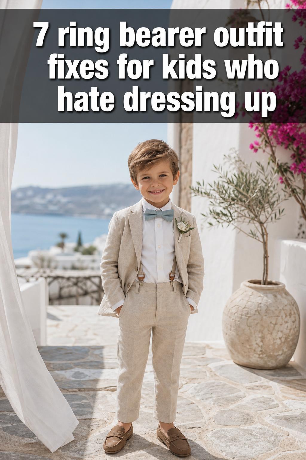 Ring bearer outfit with classic suit and boutonniere at a wedding ceremony
