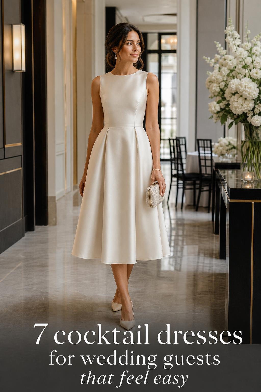 Cocktail dresses for wedding guests in a luxury hotel corridor, woman in champagne midi satin dress with clutch and pearls
