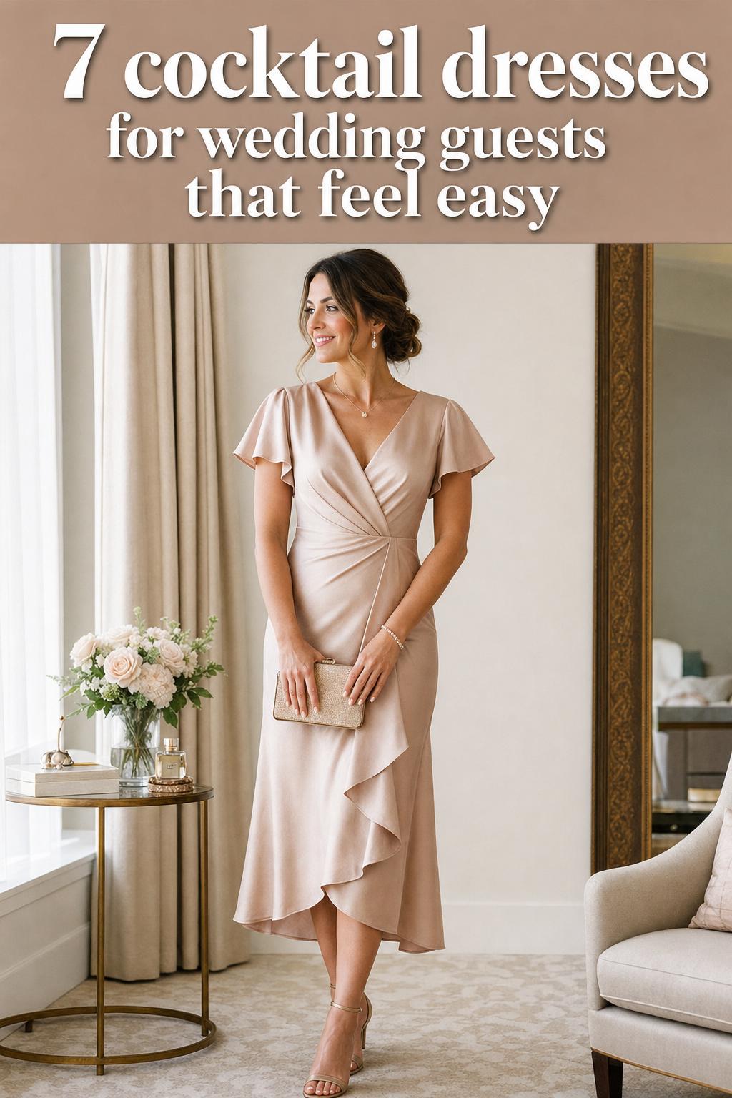 Cocktail dresses for wedding guests in an elegant evening setting, featuring chic silhouettes and timeless colors.