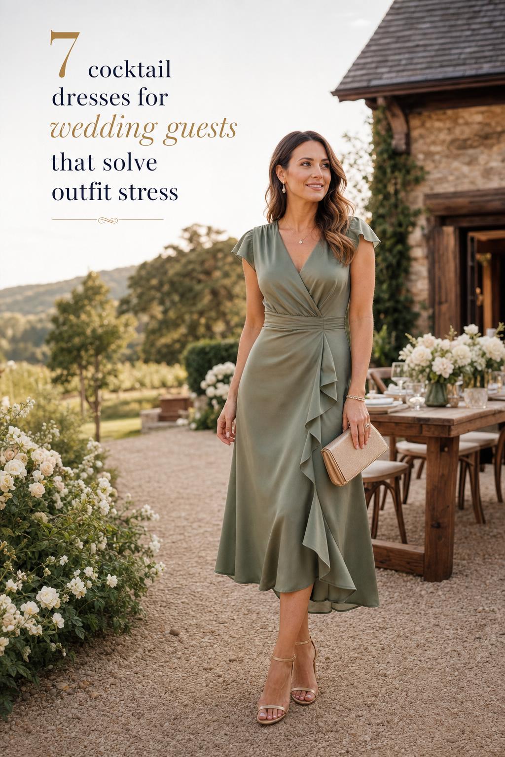 Cocktail dresses for wedding guests in a rustic countryside wedding setting, woman in sage midi dress at golden hour