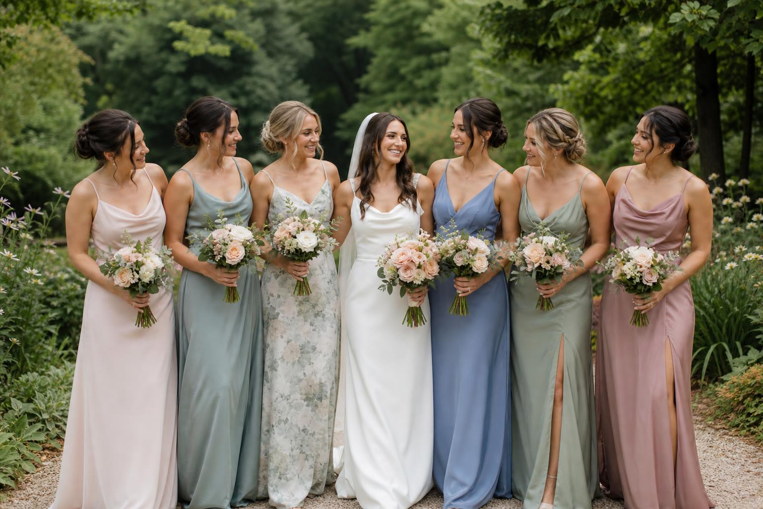 Bridal party dresses in soft chiffon and satin tones, styled cohesively for a romantic wedding portrait