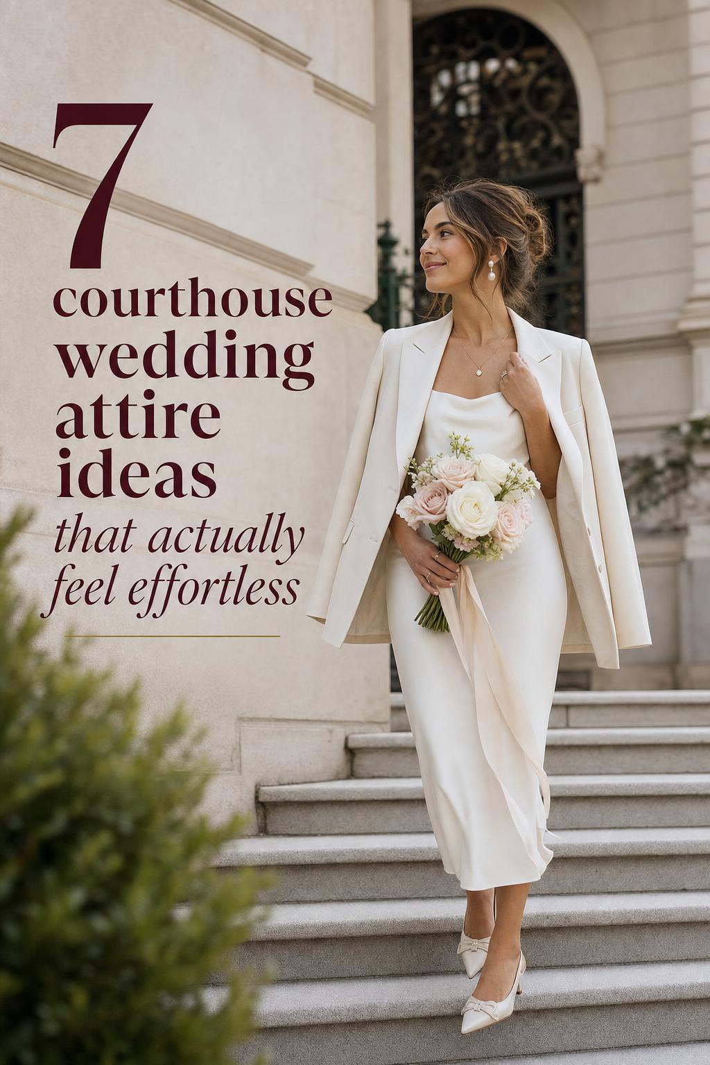 Courthouse wedding attire bride in ivory midi dress on European city hall steps holding white rose bouquet