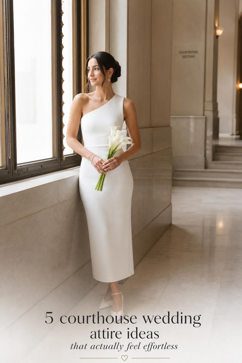 Courthouse wedding attire inspiration with chic bride in ivory crepe dress by a bright marble city hall window