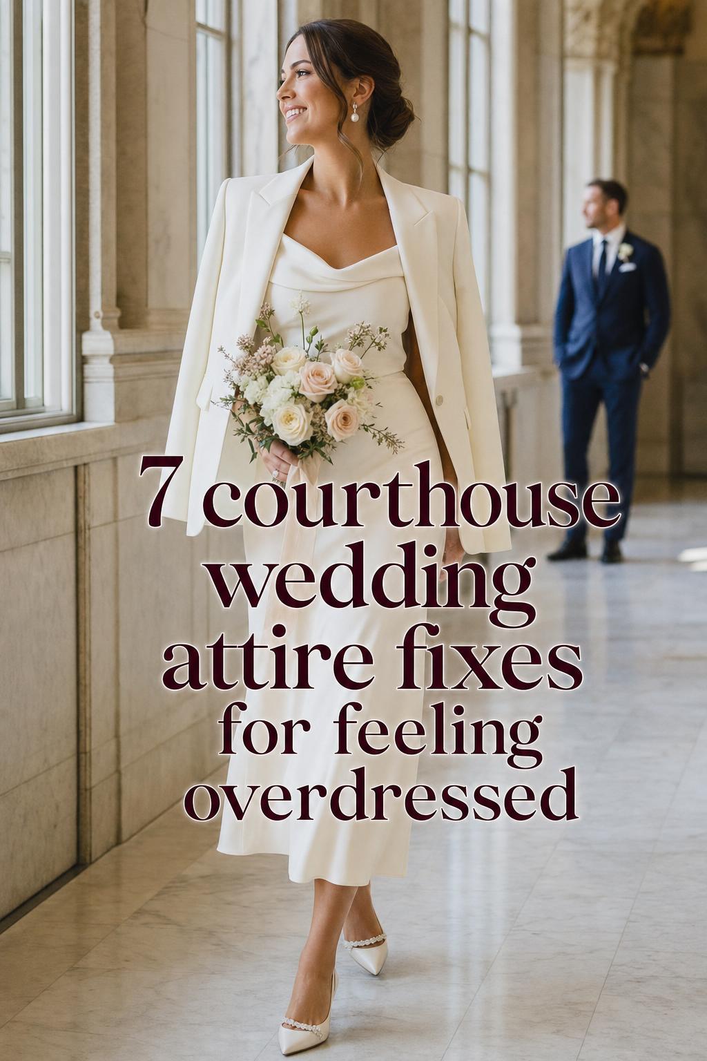 Courthouse wedding attire inspiration with bride in ivory midi dress and blazer walking in a bright city hall corridor