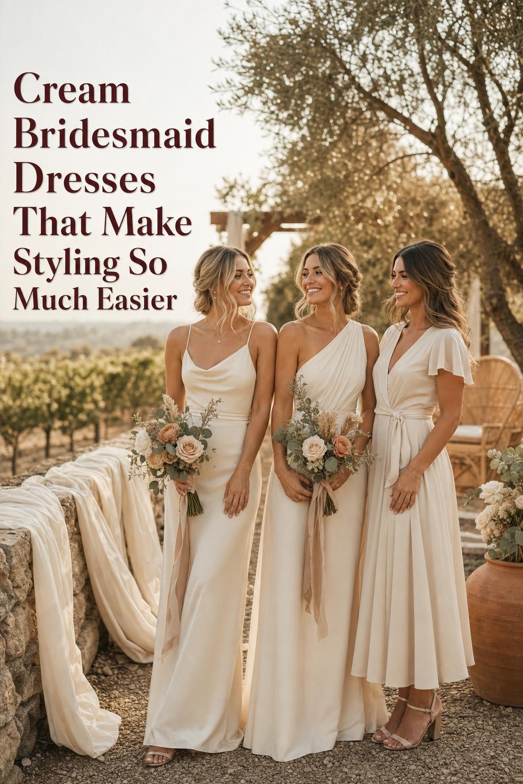 Cream bridesmaid dresses on three bridesmaids in a golden-hour vineyard garden wedding scene with boho luxe styling