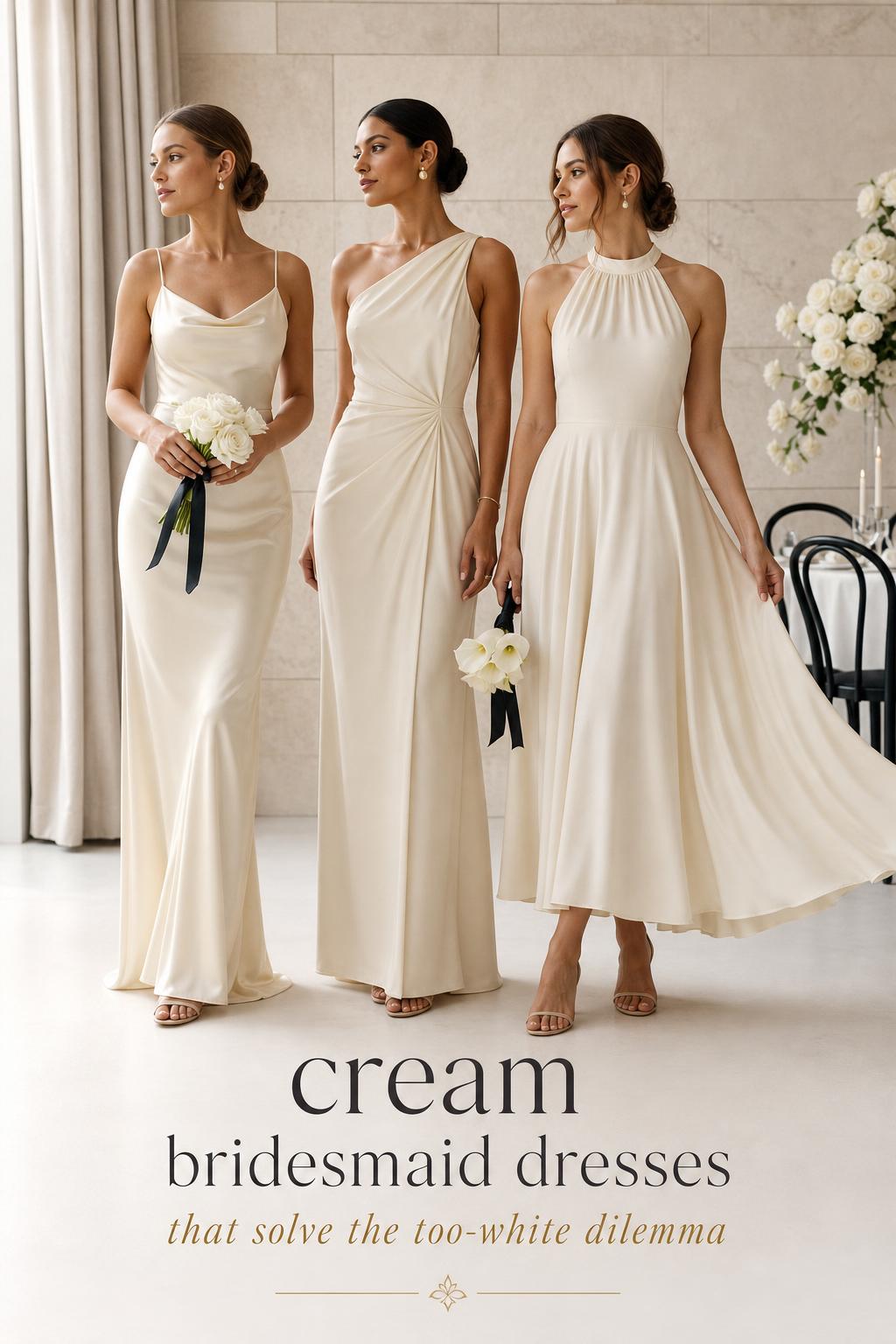 Cream bridesmaid dresses on three bridesmaids in a modern wedding venue, styled in satin, crepe, and flowing midi silhouettes.