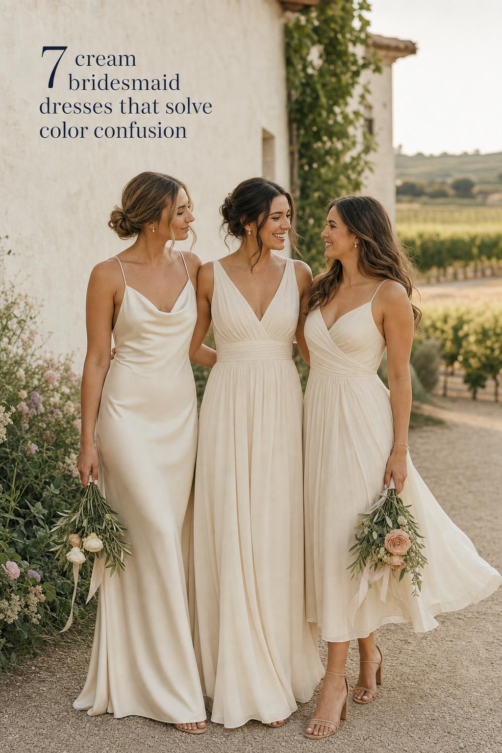 Three bridesmaids in cream bridesmaid dresses by a vineyard stone wall at golden hour, rustic elegant wedding photo