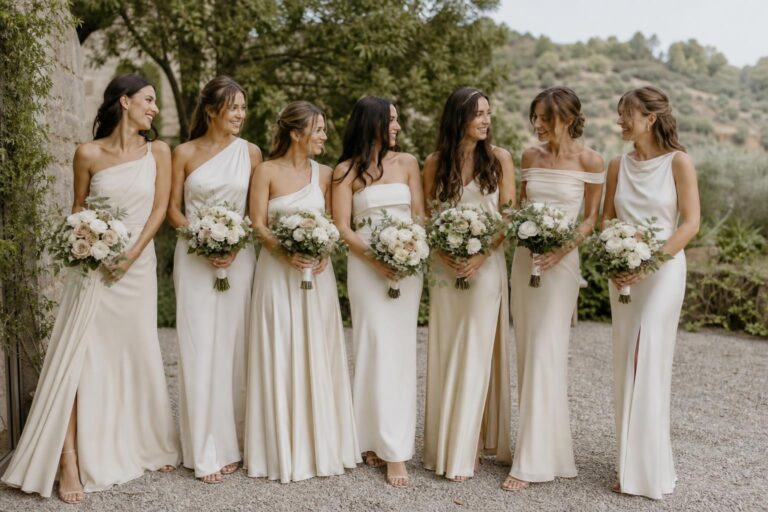 Cream bridesmaid dresses in soft neutral tones styled for a modern wedding, showing the difference from ivory and champagne
