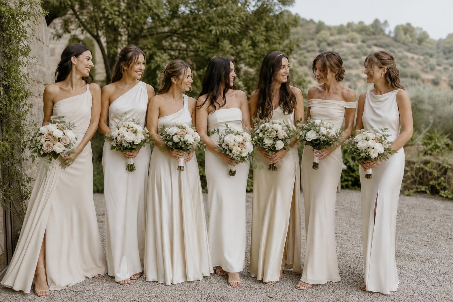 Cream bridesmaid dresses in soft neutral tones styled for a modern wedding, showing the difference from ivory and champagne
