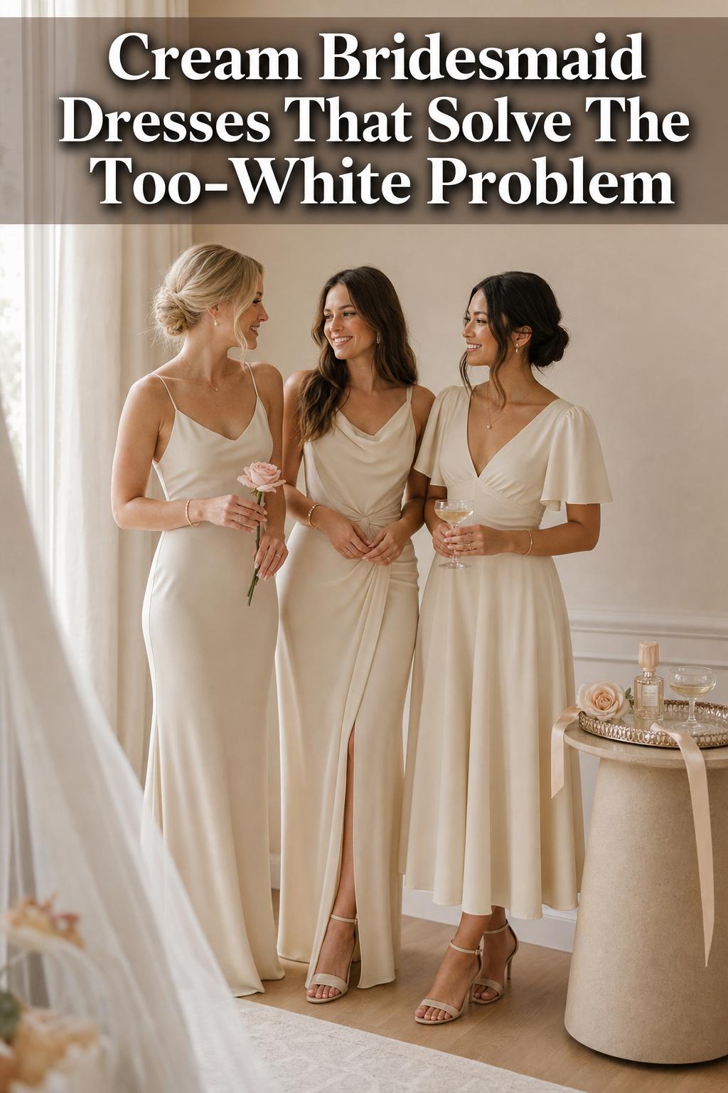Cream bridesmaid dresses in a sunlit wedding setting, captured in a natural, elegant group portrait.