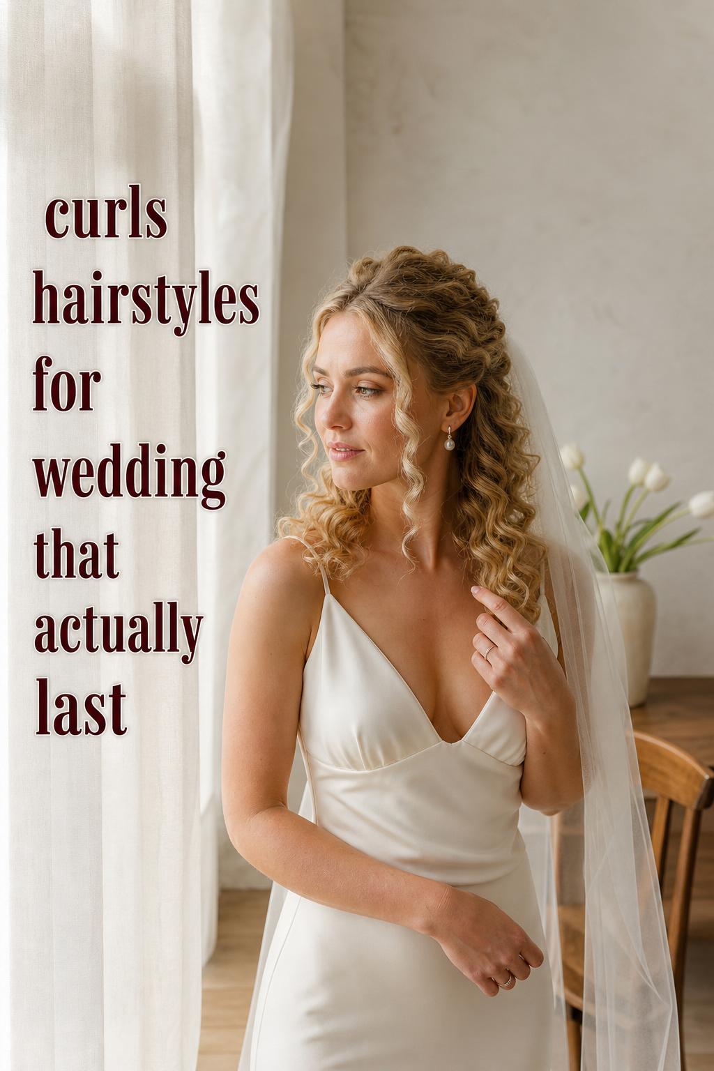 Bride in Scandinavian bridal suite with romantic half-up curls hairstyles for wedding, soft veil and natural daylight by window