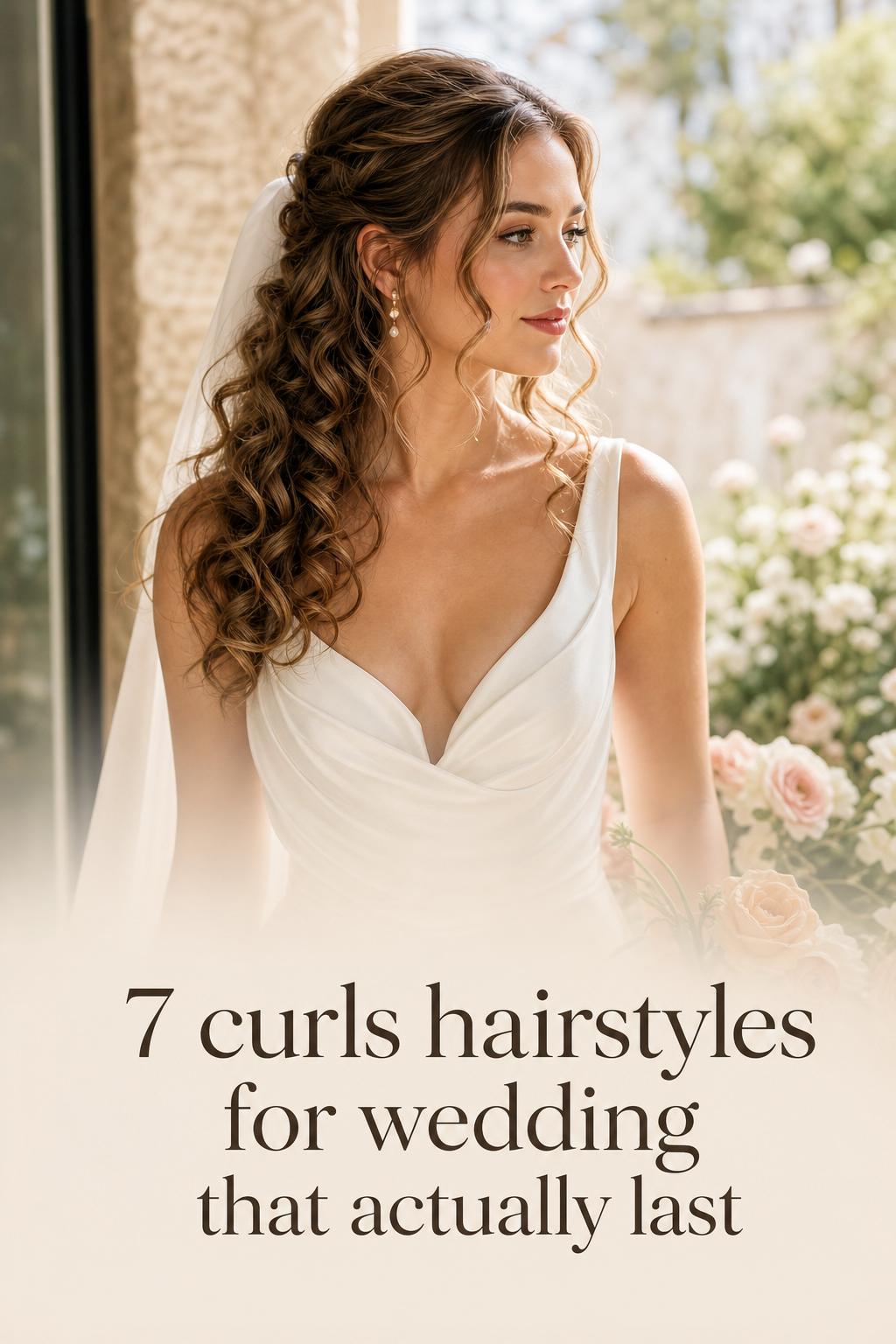 Bride in ivory gown with half-up soft curls near window, featuring curls hairstyles for wedding that last all day