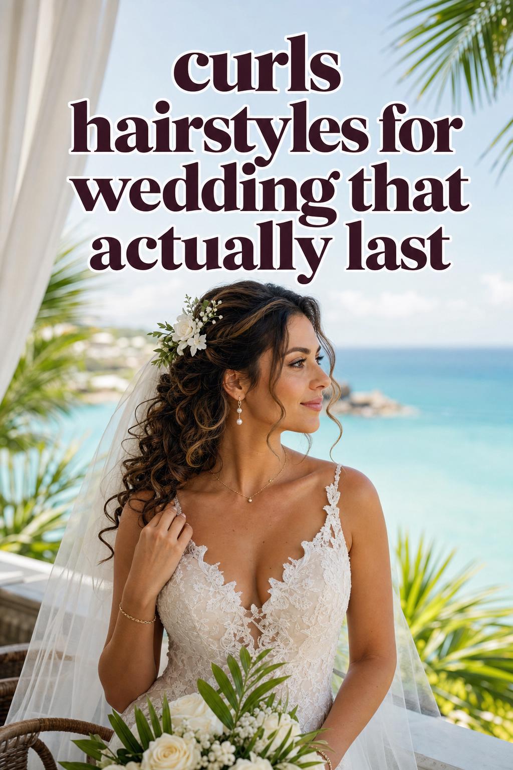 Bride with romantic half-up curls hairstyle for wedding on a tropical resort terrace with veil, orchids, and ocean backdrop