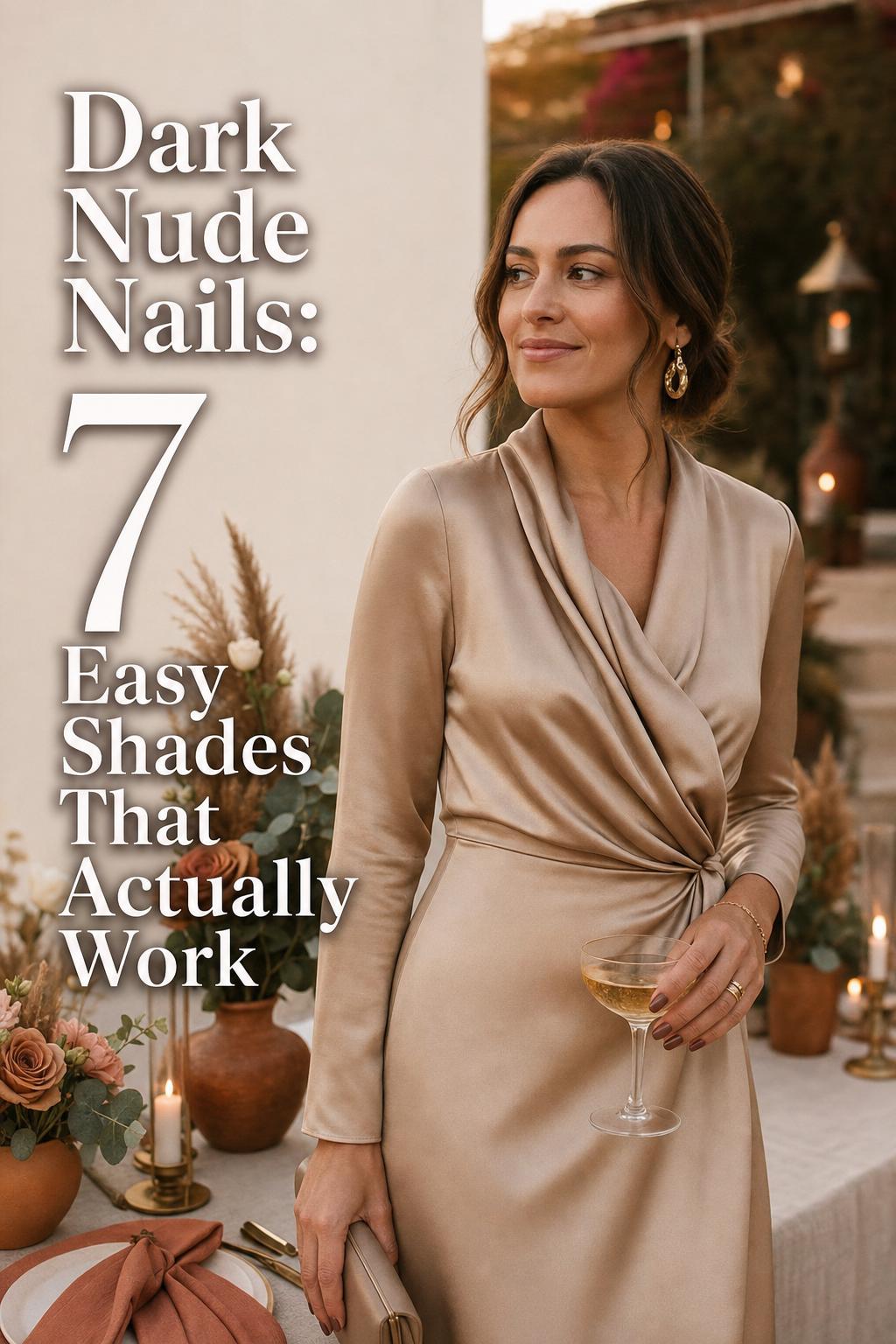 Dark nude nails on woman in champagne satin dress at luxury boho wedding reception, golden hour manicure detail