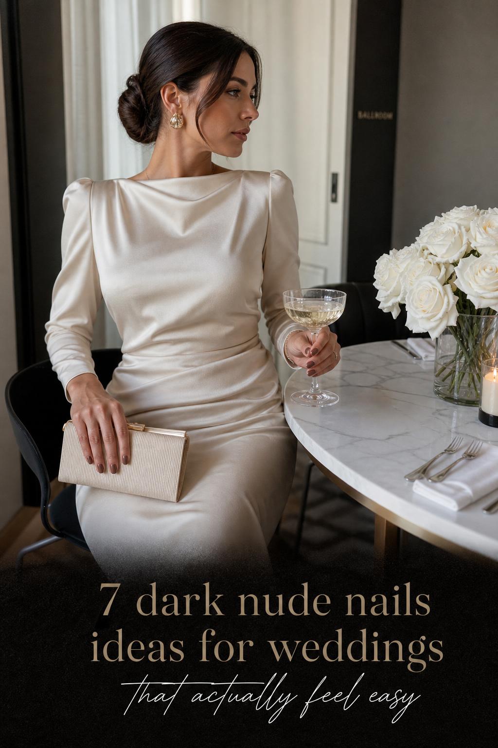 Dark nude nails on woman in ivory satin midi dress holding bouquet beside marble table in luxury hotel bridal suite