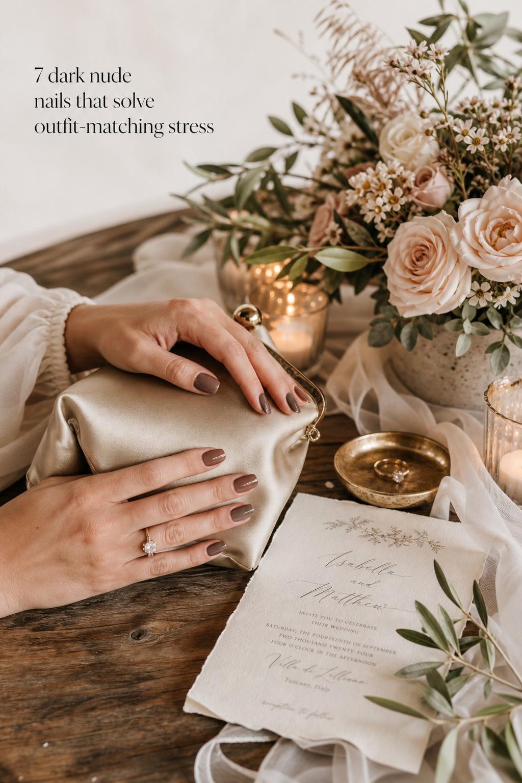 Dark nude nails on wedding-ready hands holding a champagne satin clutch with invitation and florals on rustic wood table