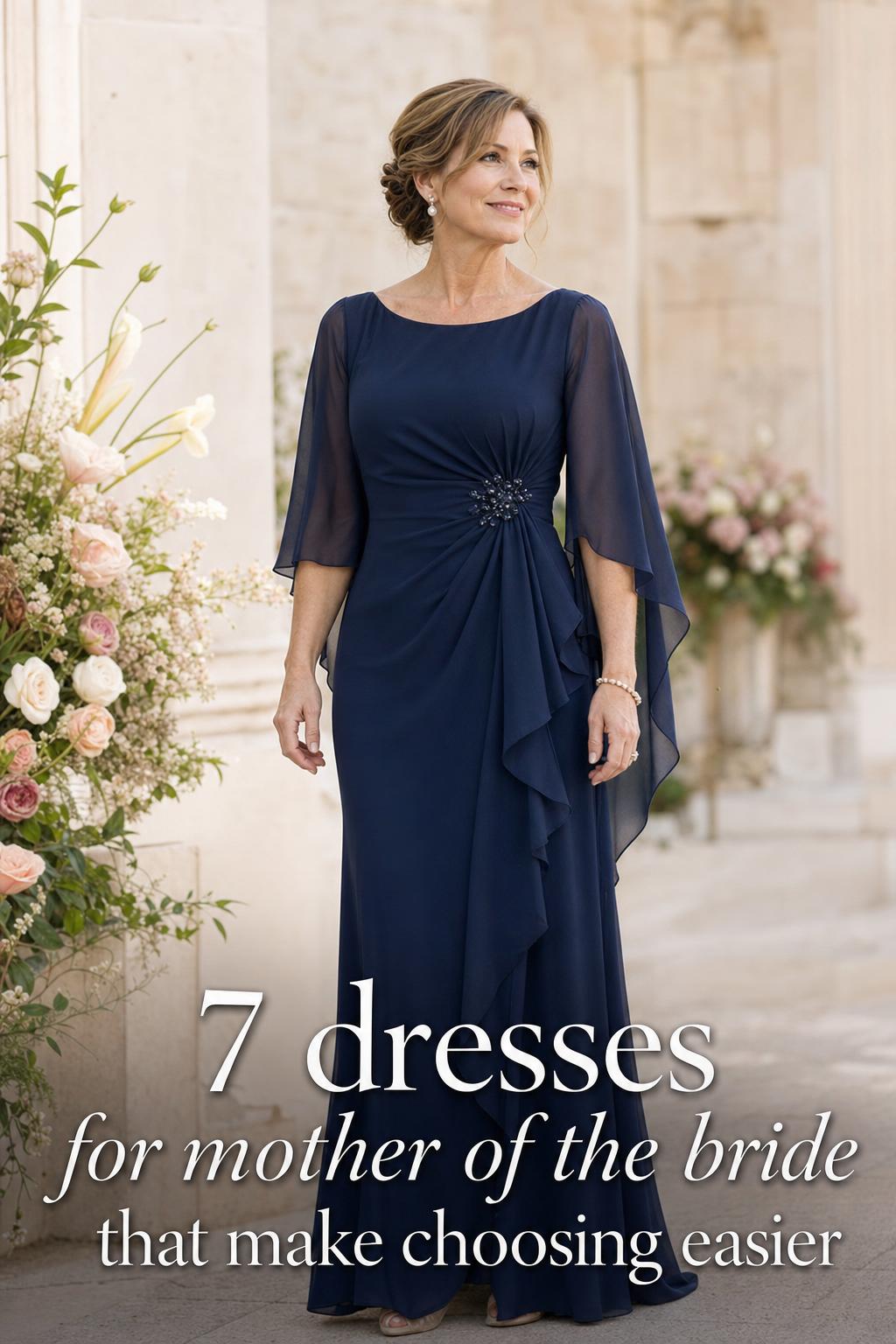 Elegant navy chiffon gown portrait, dresses for mother of the bride in modern church-garden wedding venue