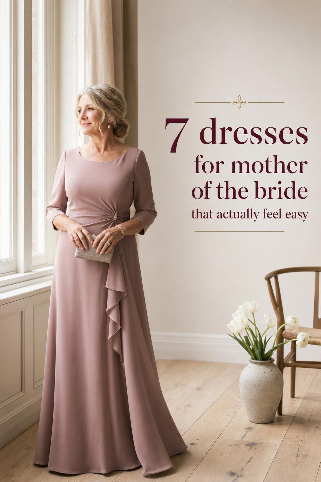 Dresses for mother of the bride inspiration: elegant woman by tall window in airy Scandinavian wedding venue