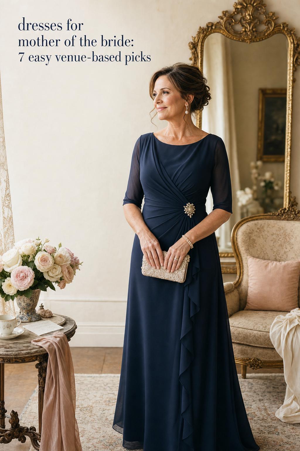 Vintage romance portrait showcasing dresses for mother of the bride in a soft navy formal gown by a window