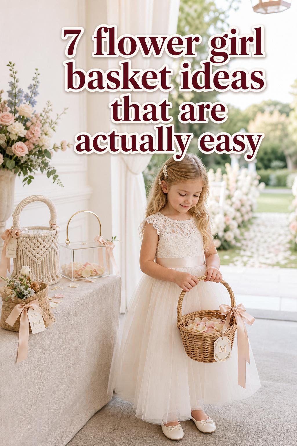 Flower girl holding an ivory petal basket in a bright bridal suite, showcasing easy flower girl basket ideas