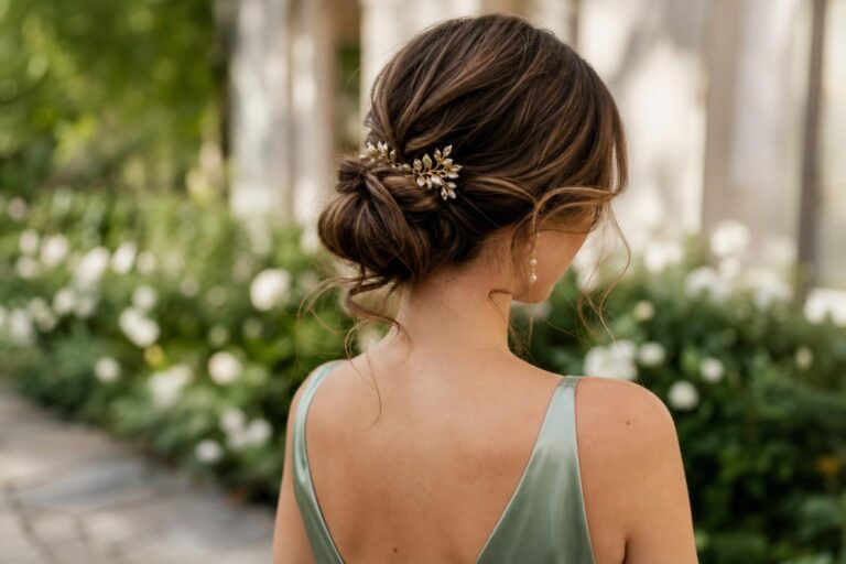 Easy wedding guest hairstyles: elegant low bun with soft face-framing tendrils and crystal hair pins