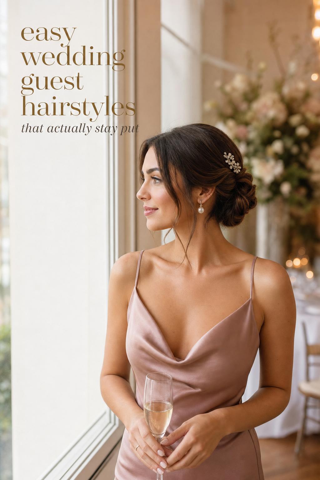 Easy wedding guest hairstyles: woman with a simple low bun and crystal hair pin by a window in soft natural light